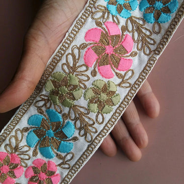 Off White Fabric Trim With Bronze, Green, Pink And Blue/Yellow Floral Embroidery